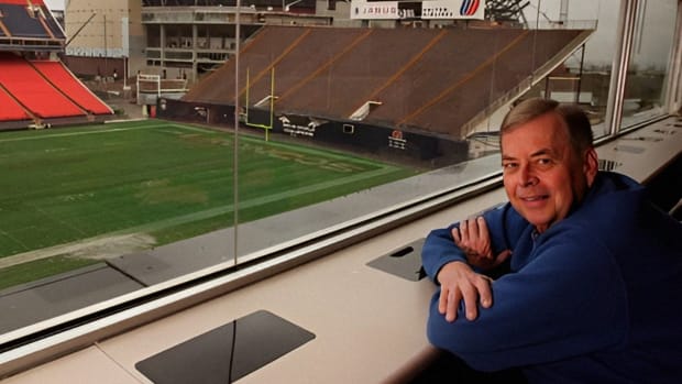 Larry Zimmer in the press box
